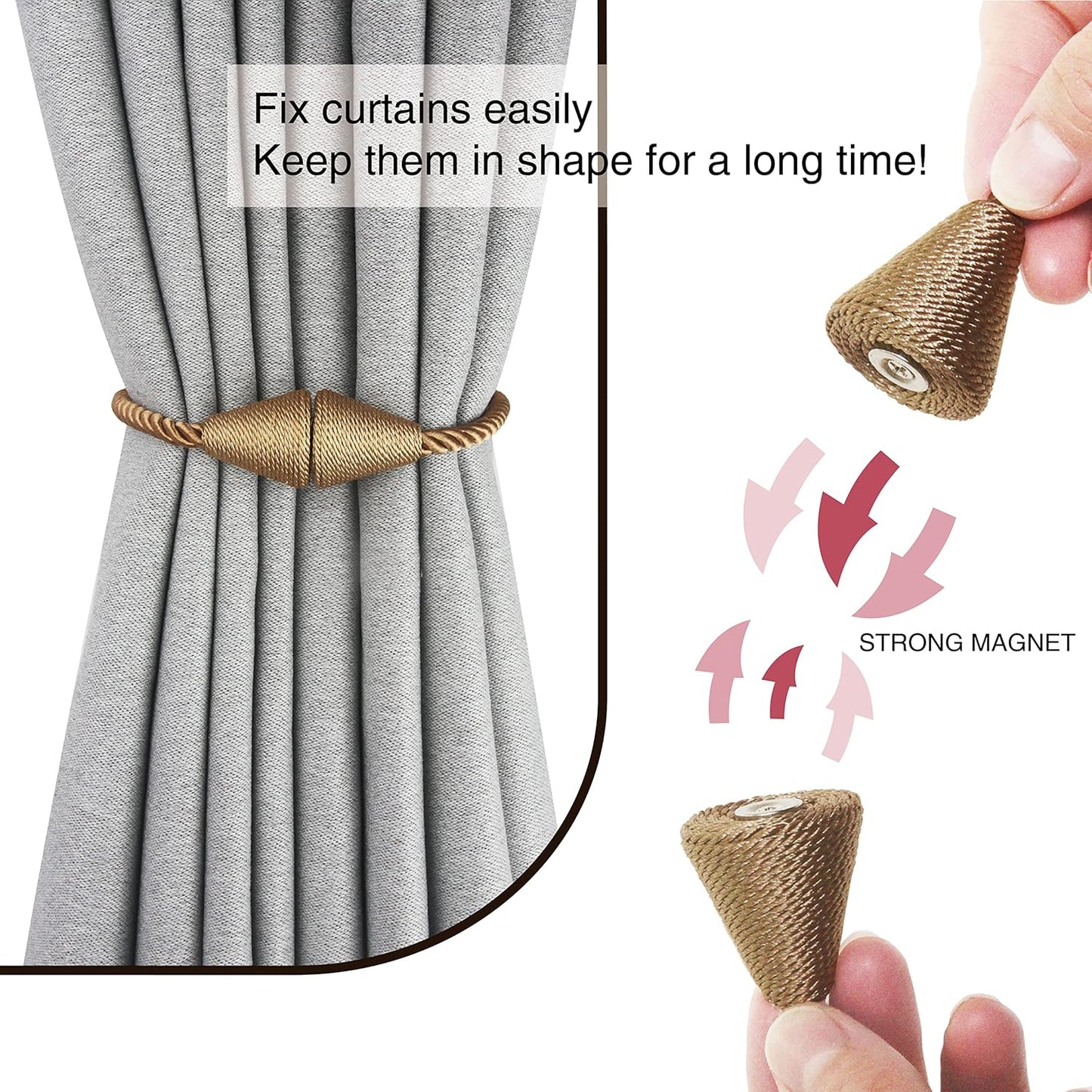 2 Pack Magnetic Curtain Tiebacks Rope Modern Handmade Curtain Tie Backs Decorative Drapes Weave Holdbacks for Window Décor, Khaki