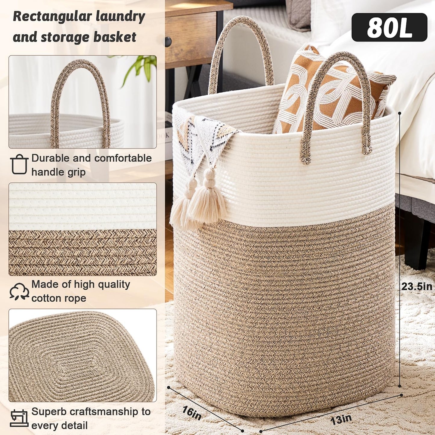 Laundry Basket,Woven Cotton Rope Laundry Hamper,Versatile Storage for Dirty Clothes,Baby Toys,and Blankets in Bathroom, Nursery,and Living Room (Brown, 80L)