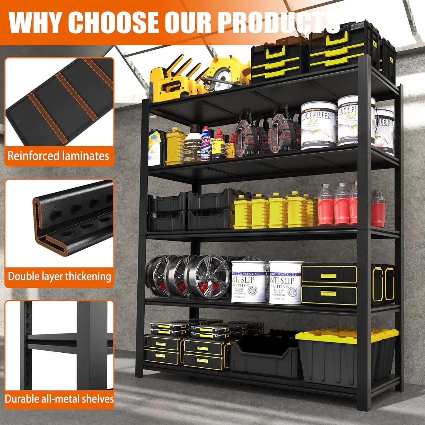 84“H Garage Shelving Heavy Duty Storage Shelves 3000 LBS Adjustable 5 Tier Metal Shelving Uints and Storage for Garage, Warehouse, Commercial, 48" W x 24" D x 84" H, 4 Packs