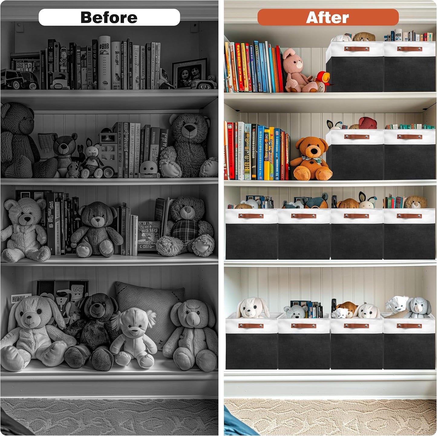 13in Open Fabric Storage Basket with Leather Handles for Organizing, Collapsible Linen Closet Bins for Shelves, Closets, Laundry, Decorative Basket for Gifts. (White＆Black, 2PCS/13x13in)