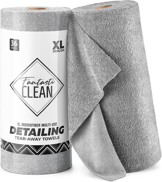 Fantasticlean XL Tear-Away Microfiber Cleaning Cloth Roll, 16'' by 16''- 36 Sheets, Thick & Large Detailing Towels, Ultra Absorbent, Lint-Free Reusable Wipes for Home, Car or Outdoor (Glossy Grey)