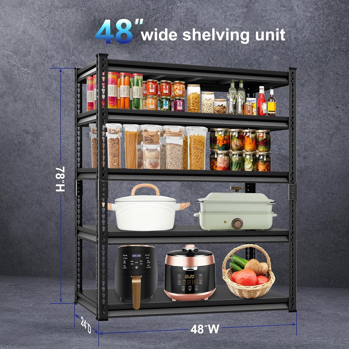 Adjustable Garage Storage Shelves, 48''W Garage Shelving Heavy Duty Loads 30000LBS, Metal Industrial Utility Shelf for Warehouse, Kitchen, Laundry Room,48" W x 24" D x 78" H,Black