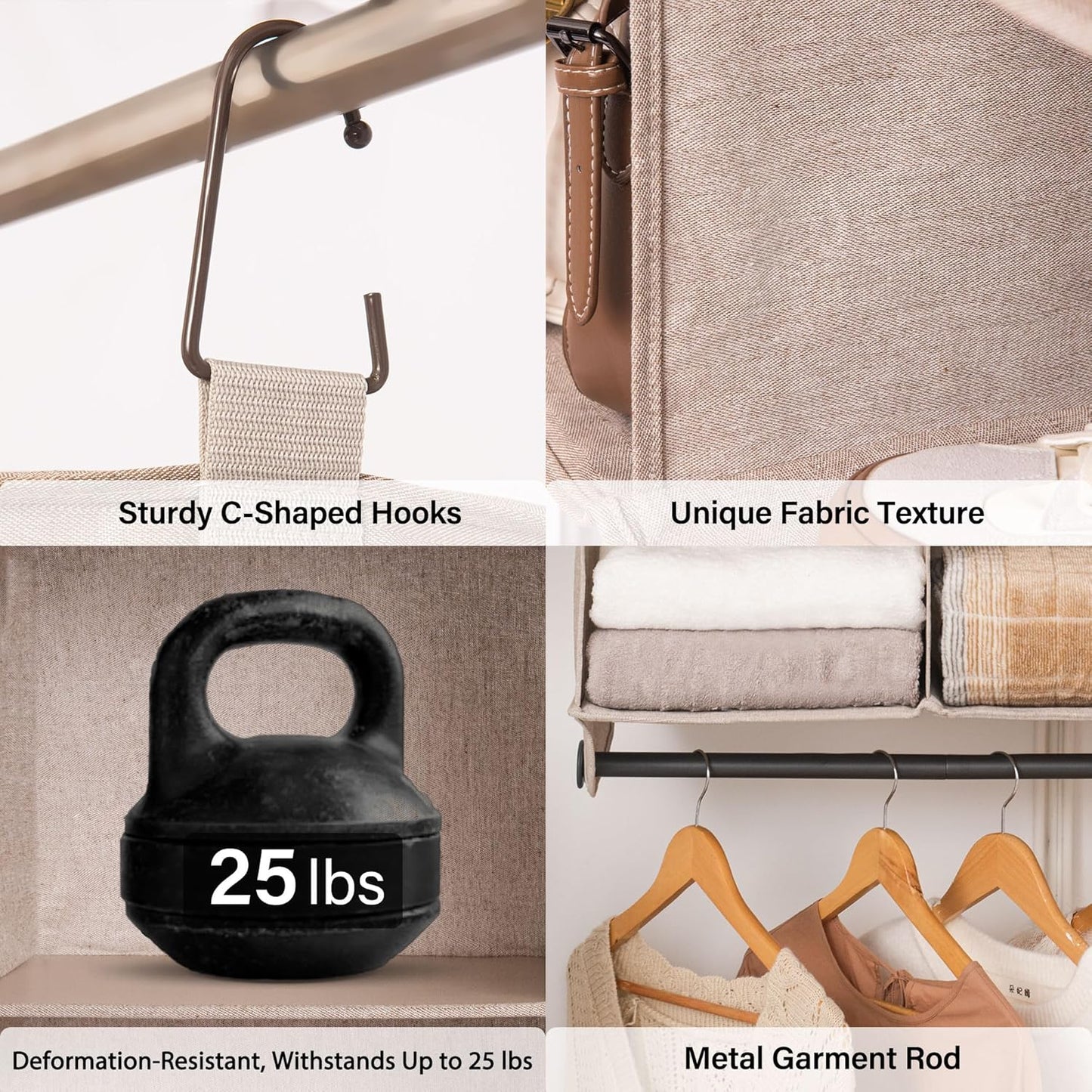 StorageWorks Hanging Closet Organizer with Metal Rod, 4-Section Closet Organizers and Storage, Collapsible Hanging Shelves for Baby Clothes, Shoes, Sweater Storage, Brown and Beige