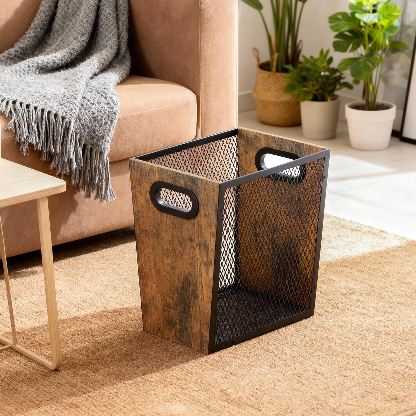 Piskyet Rustic Office Trash Can for Near Desk, 4.5 Gallon Unique Wood Bedroom Garbage Can,Vintage Wastebasket with Handle, Decorative Trash Can for Home Office,10.8" L x 7.8" W x 11.8" H