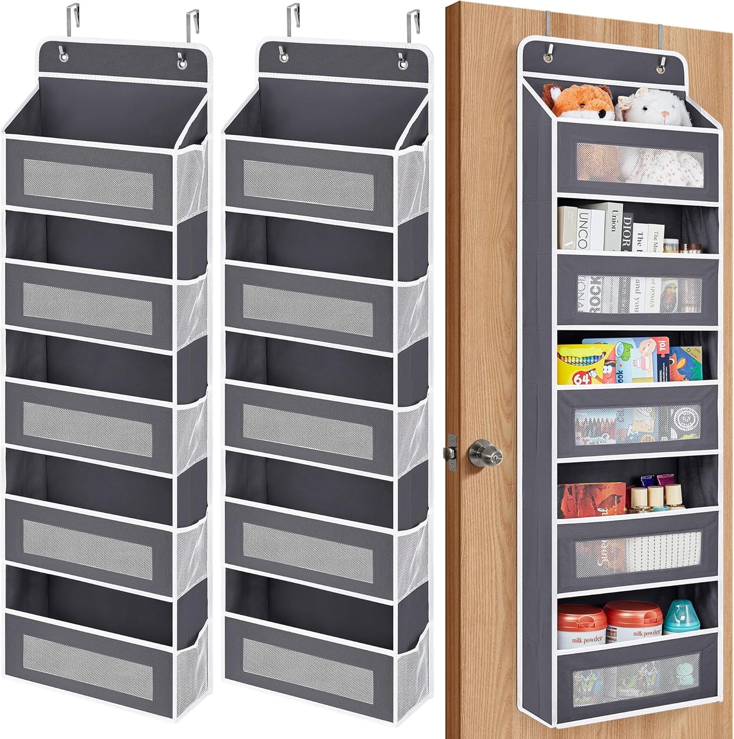 JARLINK 2 Pack Over The Door Organizer, 5 Shelf Door Hanging Organizer with 5 Large Pockets, 44 lbs Weight Capacity Hanging Storage for Bathroom, Bedroom, Nursery, RV, Pantry (Dark Grey)