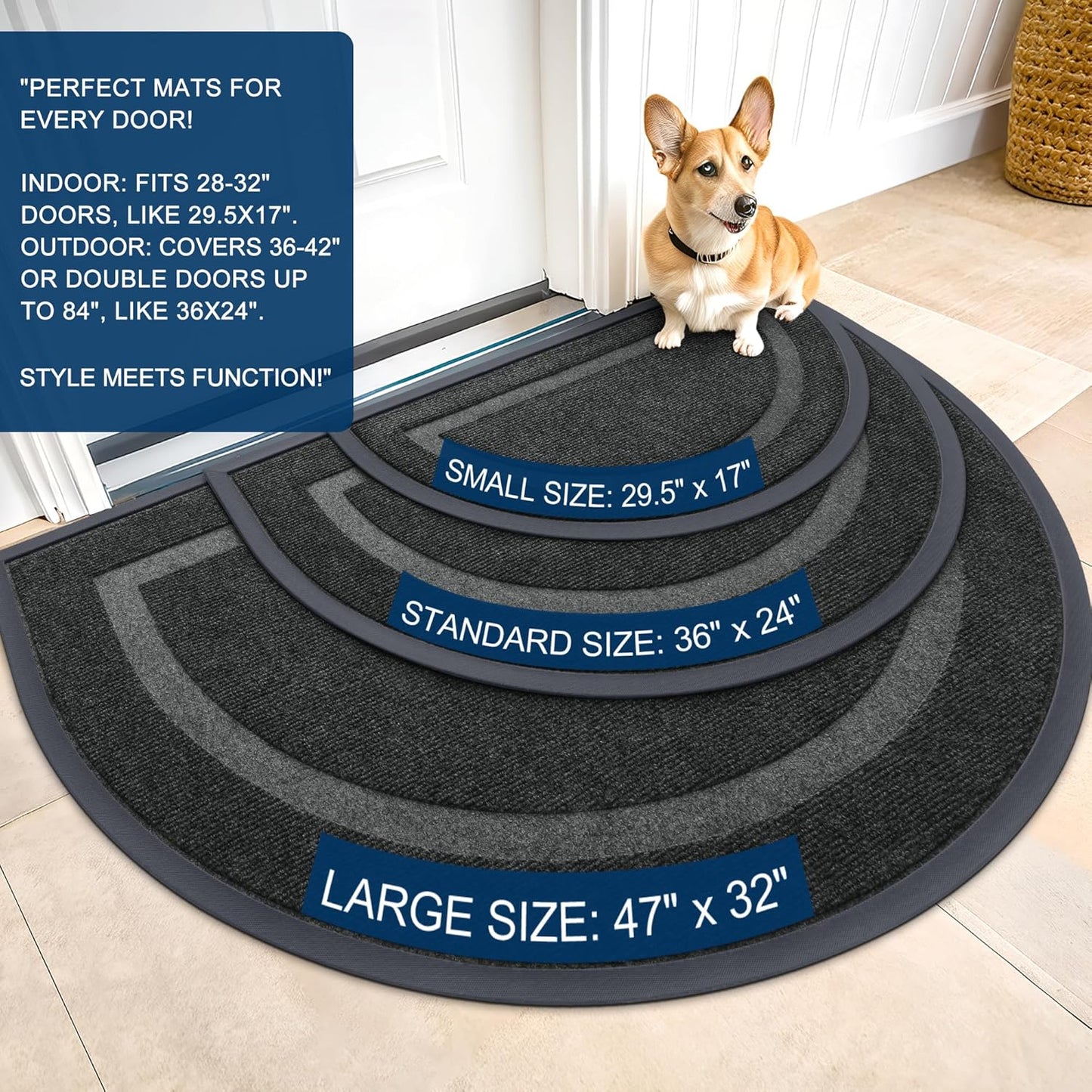 OLANLY Half Circle Door Mat Indoor Outdoor Entrance Welcome, Waterproof All-Season, All-Weather Doormat, Sturdy Natural Rubber, Low Profile, Easy Clean Patio Porch Entryway Mat, 36x24, Black