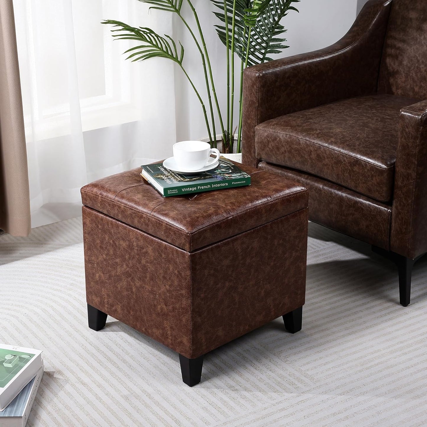 Adeco 18" Storage Ottoman Foot Rest Stool, Walnut Leather Ottoman with Black Solid Wood Legs and Hinged Lid, Small Foot Stool for Living Room, Bedroom