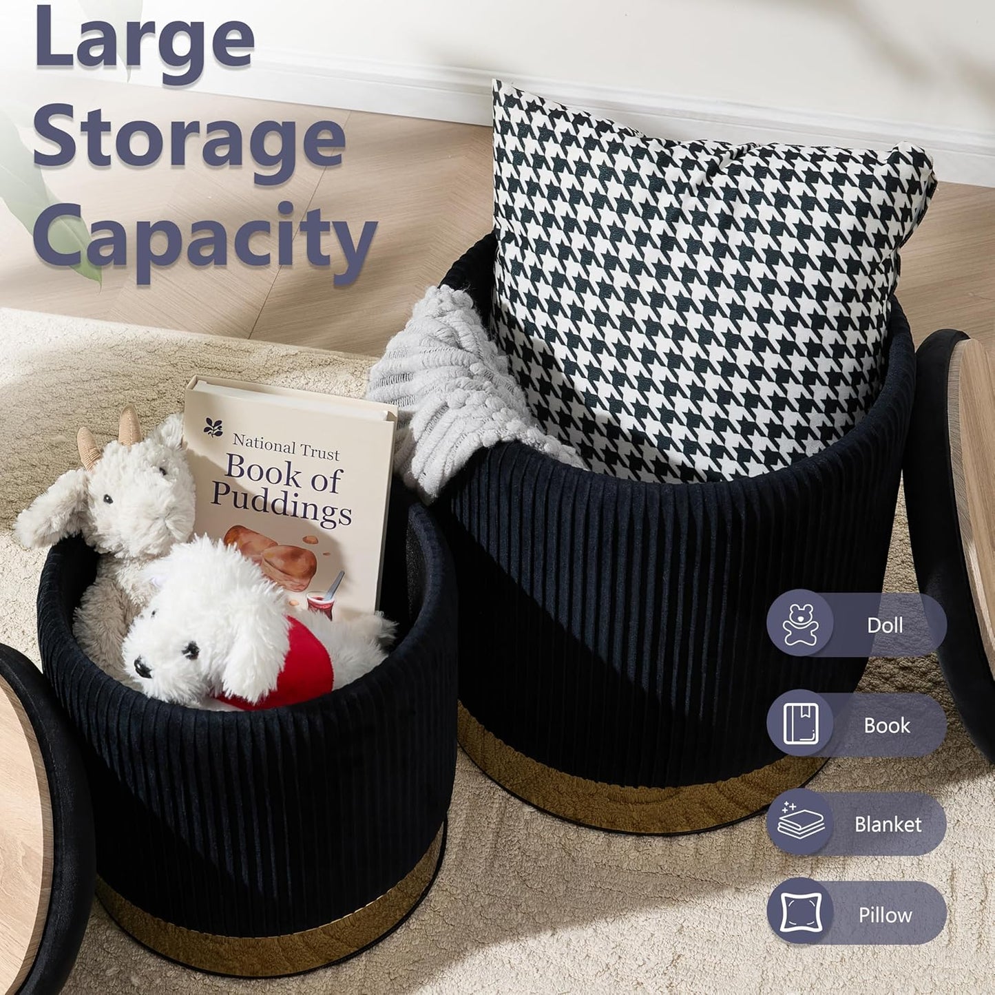 Royal Windsor Round Ottoman with Storage Set of 2, Vanity Stool with Storage for Bedroom, Ottoman Coffee Table Gold-Tone Ring Around The Base, Small Velvet Foot Stool for Living Room, Black