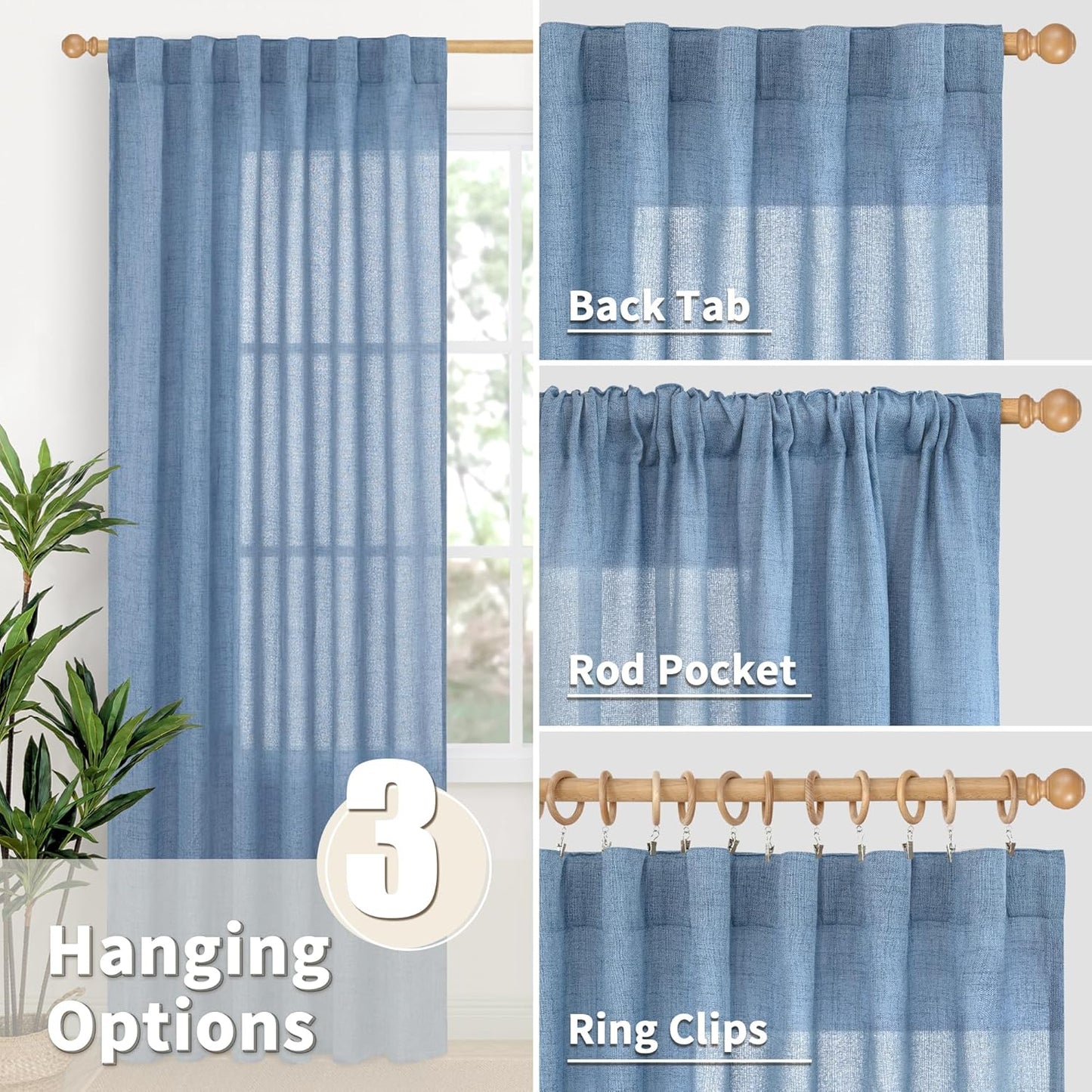 YoungsTex Denim Blue Linen Curtains 90 Inch Length for Living Room, Light Filtering Semi Sheer Window Drapes Rod Pocket Back Tab Curtain Extra Long for Bedroom Office Privacy, 2 Panels, 52 X 90 Inch