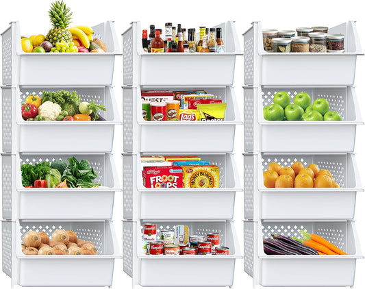 TidyFriend Plastic Stackable Storage Bins for Pantry - 12 Pack Stackable Bins for Organizing Food, Kitchen, and Bathroom Essentials (White)