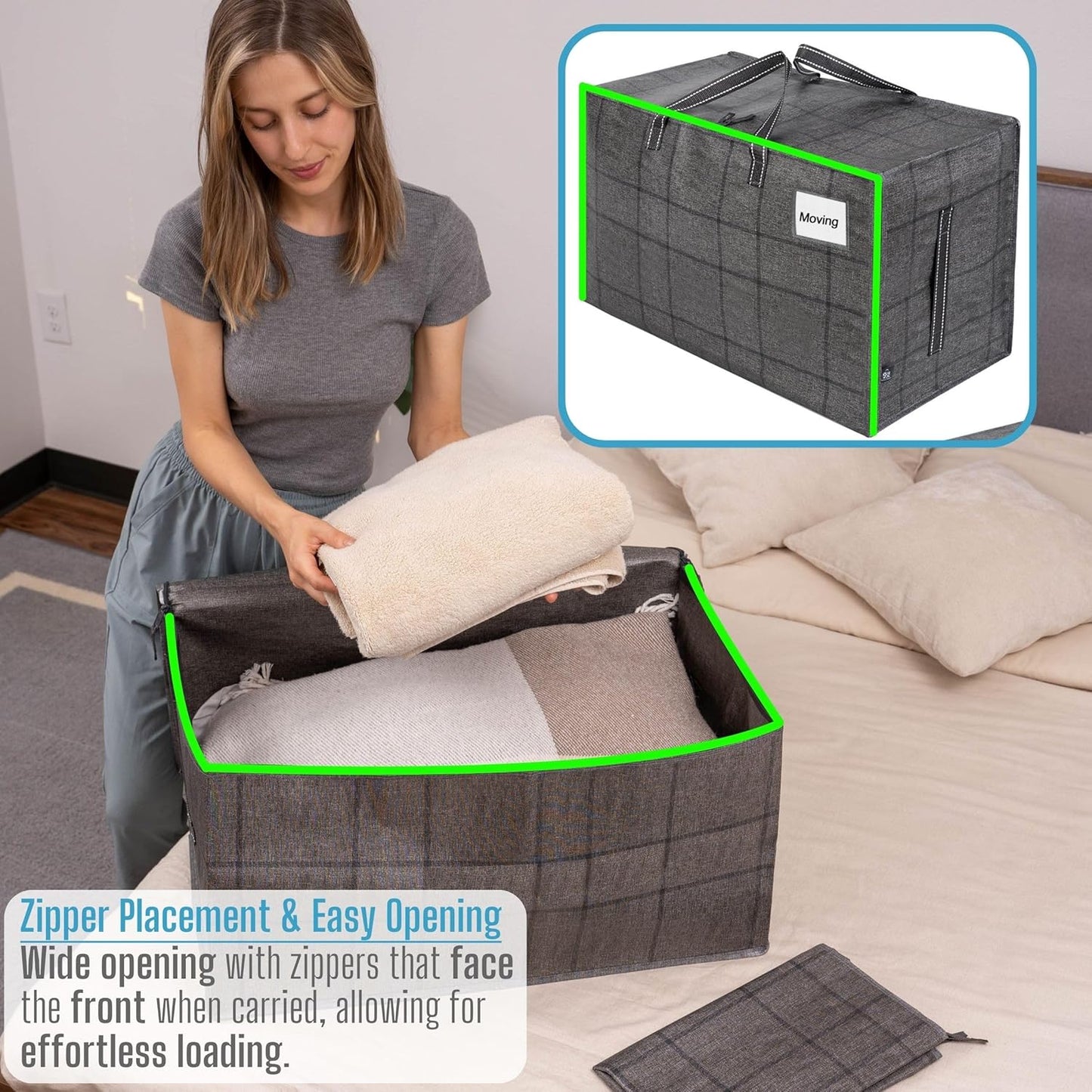VENO 8 Pack Moving and Storage Bags, Heavy Duty, Alternative to Moving Boxes, Large Packing Totes Supplies for College Dorm Room with Zipper for Clothes, Wide Open Design (Windowpane, 8 Pack)