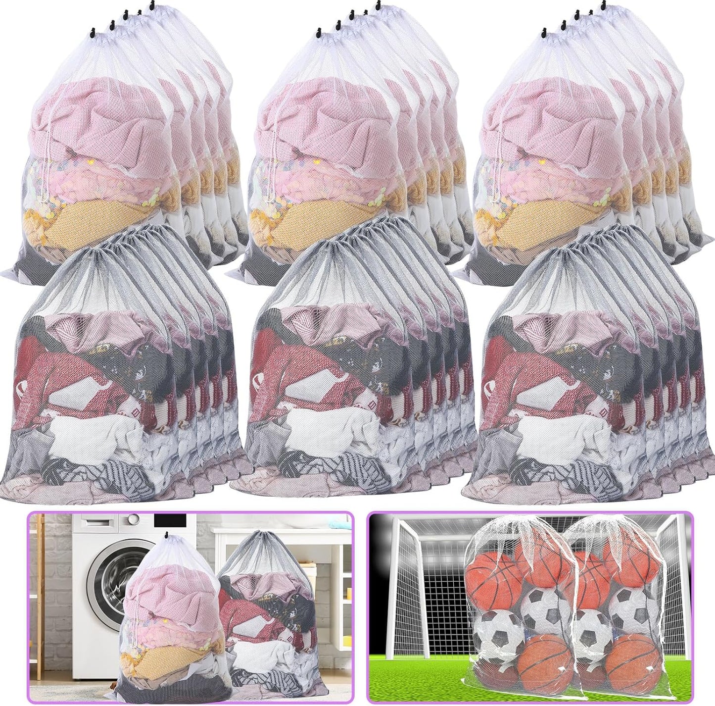 Berlune 30 Pack 24 x 36 Inches Large Mesh Bags for Laundry, Wash bags, Sturdy Mesh Material Closed with Drawstring, Factory, University, Dormitory, Travel and Apartment Dweller (White, Gray)