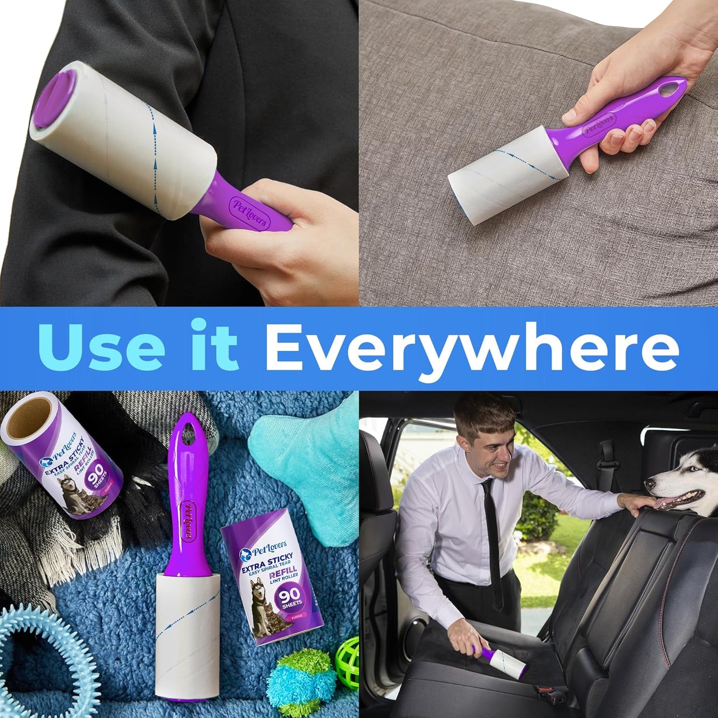 PetLovers Extra Sticky Lint Roller Mega Value Set 450 Sheets for Pet Hair Removal and Clothes, Dog and Cat Lint Remover 5 Pack Purple