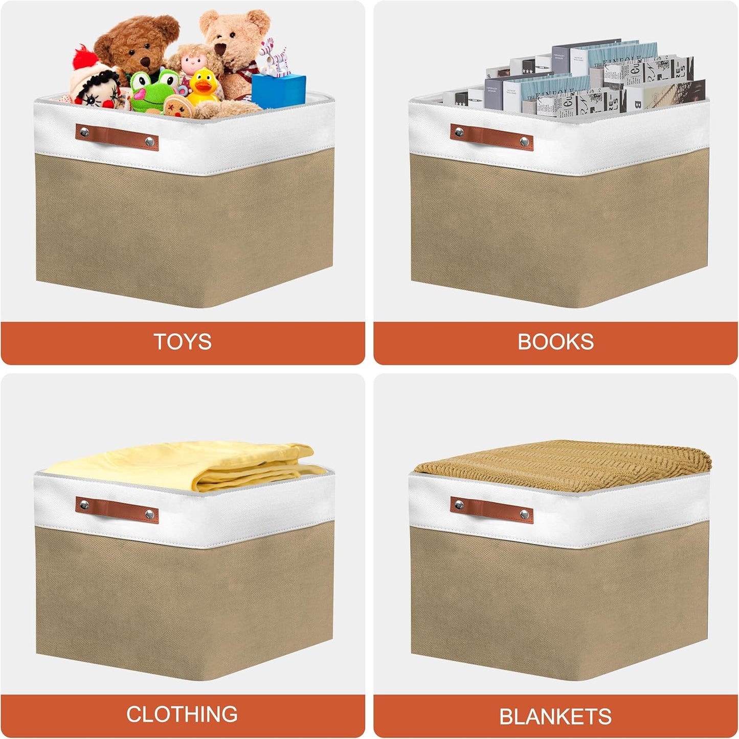 13in Open Fabric Storage Basket with Leather Handles for Organizing, Collapsible Linen Closet Bins for Shelves, Closets, Laundry, Decorative Basket for Gifts. (White＆Khaki, 2PCS/13x13in)