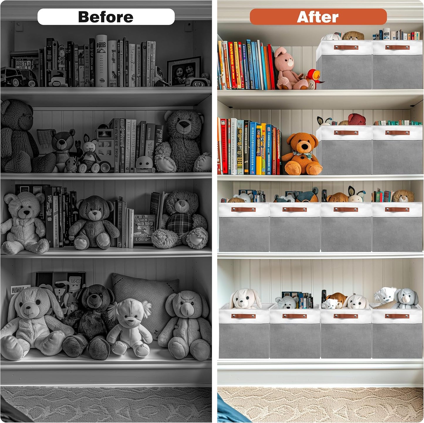 13in Open Fabric Storage Basket with Leather Handles for Organizing, Collapsible Linen Closet Bins for Shelves, Closets, Laundry, Decorative Basket for Gifts. (White＆Gray, 3PCS/13x13in)