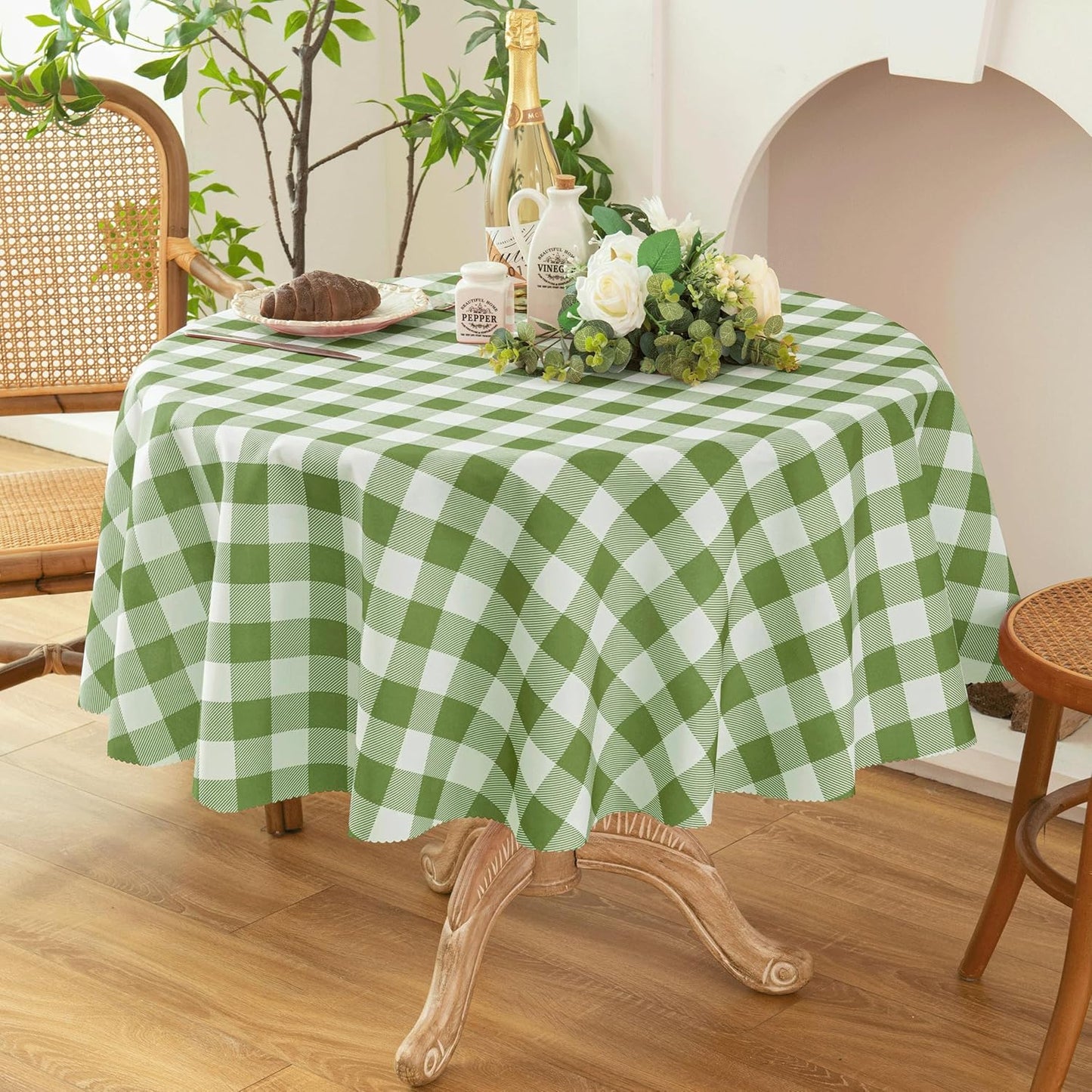 Waterproof Plaid Tablecloth Fabric - Round 50 Inch Classic Gingham Checker Table Cloth for Indoor/Outdoor Use - Buffalo Table Cover for Picnics, BBQs, and Parties