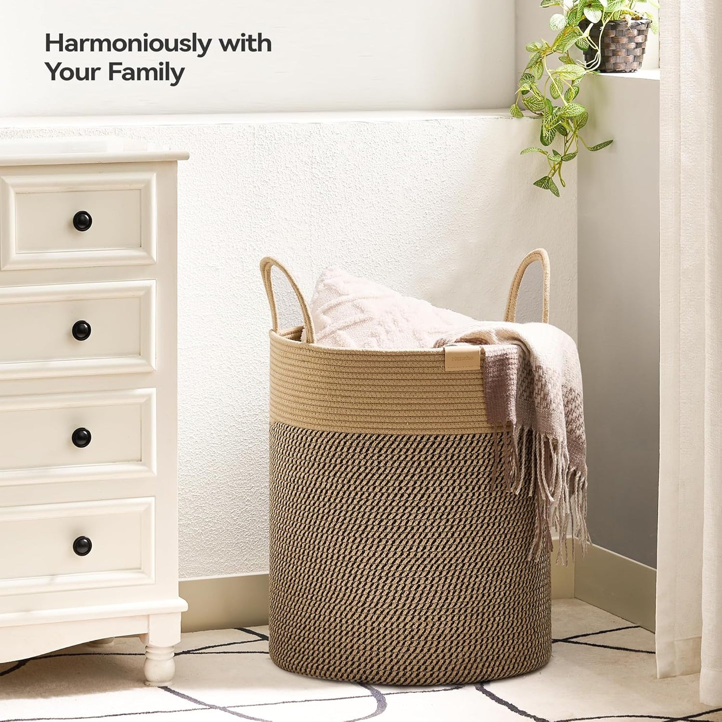 Laundry Hamper 62L,Large Laundry Basket for Clothes,Decorative Storage Basket for Blankets,Cotton Rope Woven basket for bedroom,Dark Brown