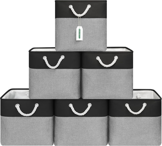 13x13 Inch Cube Storage Bins with Reinforced Bottom Cardboard, 6 Pack Large Collapsible Fabric Storage Cubes with Handles for Shelf, Closet, Toy, Laundry Organization (Black&Gray)
