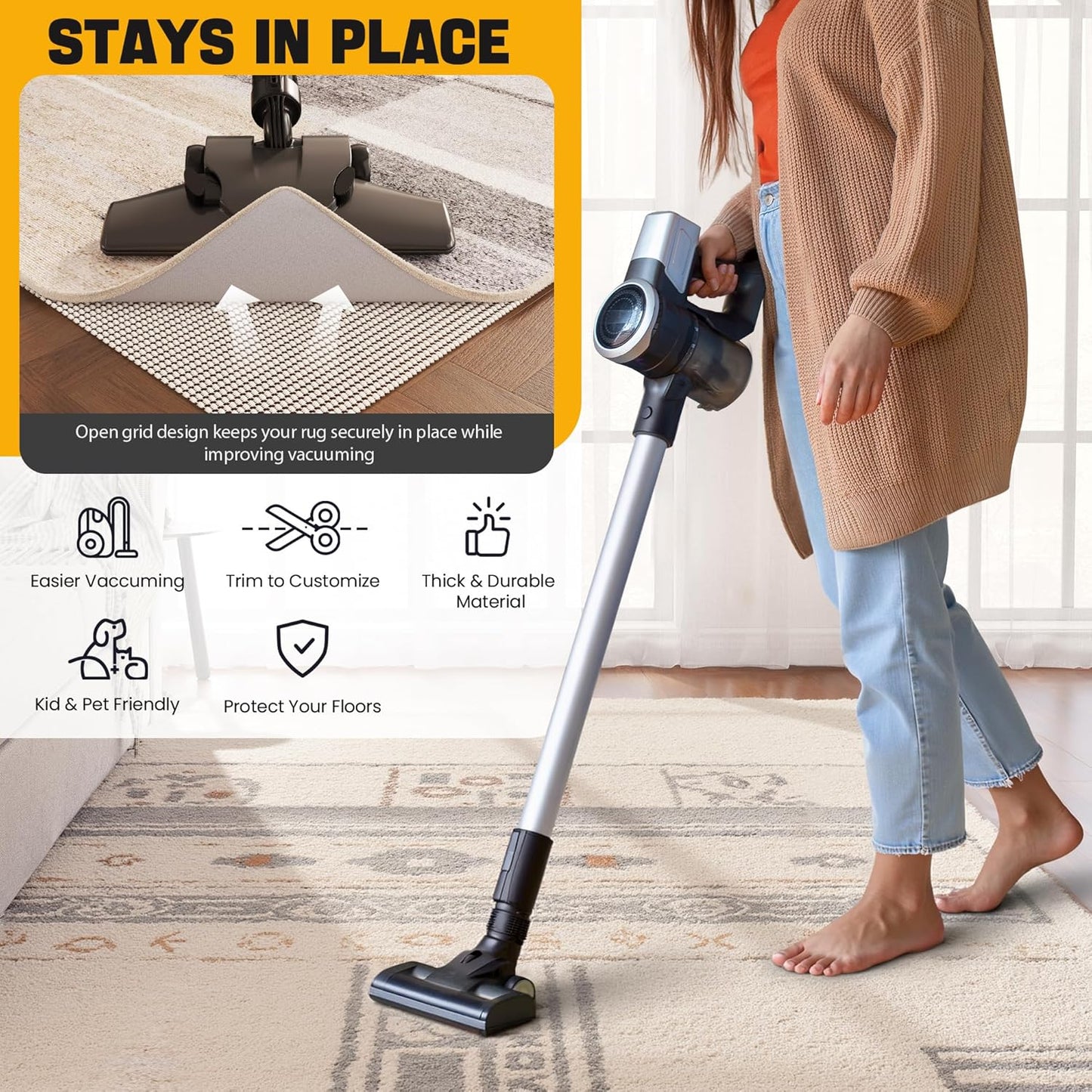 Non-Slip Rug Pad Gripper 10x12 Feet, Anti Skid Mat for Under Area Rugs, Keeps Rugs in Position and Safe, Thick Cushioned Carpet Pad for Hardwood Floors Protection