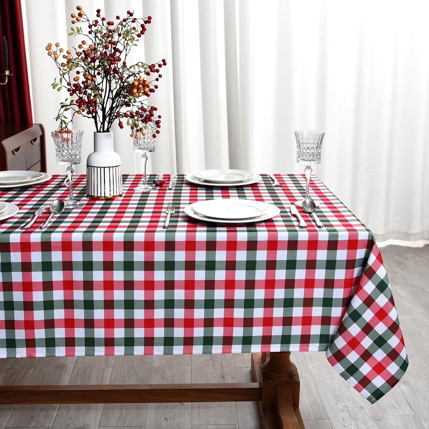 Waterproof Christmas Plaid Tablecloth Fabric - Red Oblong 52x70 Inch Classic Buffalo Tartan Festive Table Cloth for Indoor Use - New Year Tabletop Cover for Dinner, BBQs, and Parties