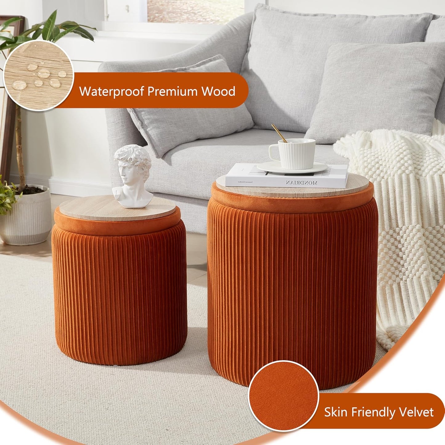Round Ottoman with Storage Set of 2,Vanity Stool with Storage for Bedroom, Ottoman Coffee Table,Small Velvet Foot Stool for Living Room, Orange