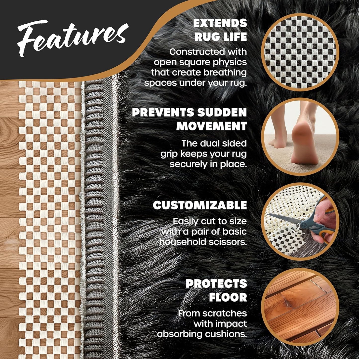 Nevlers 2'x6' Under Rug Non Slip Pad | White PVC Foam Non Slip Rug Pads | Open Weave Anti Slip Rug Grips | Anti Skid Rug Gripper for Hardwood Floors & Other Surfaces | Rug Stoppers to Prevent Sliding