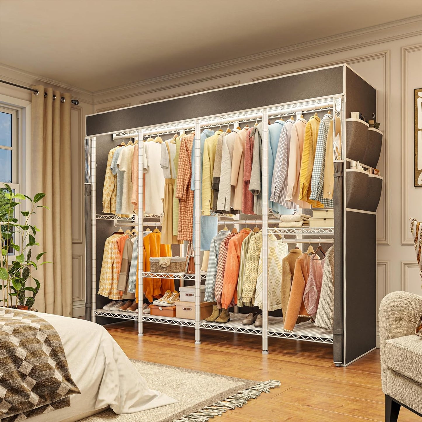 Raybee Clothes Rack with Cover,1150LBS Heavy Duty Clothing Rack for Hanging Clothes,Adjustable Portable,18" D x 76" W x 77" H,White