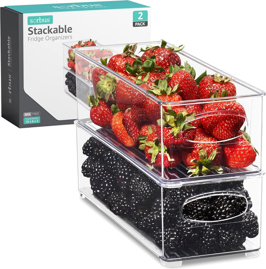 Sorbus Stackable Refrigerator Organizer Bins - Clear Storage Bins for Kitchen Pantry, Freezer & Fridge Organization - Food Organizing Plastic Containers with Handles for Countertops & Drawers (2 Pack)