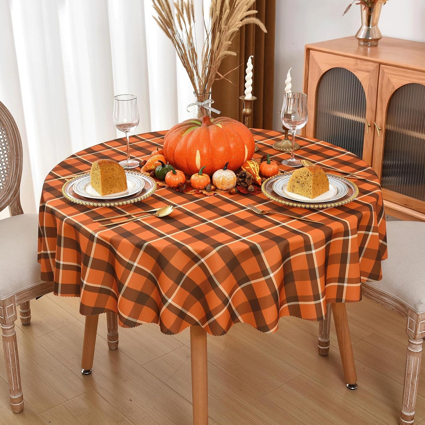 Waterproof Plaid Tablecloth Fabric - Round 58 Inch Classic Gingham Checker Table Cloth for Indoor/Outdoor Use - Buffalo Table Cover for Picnics, BBQs, and Parties