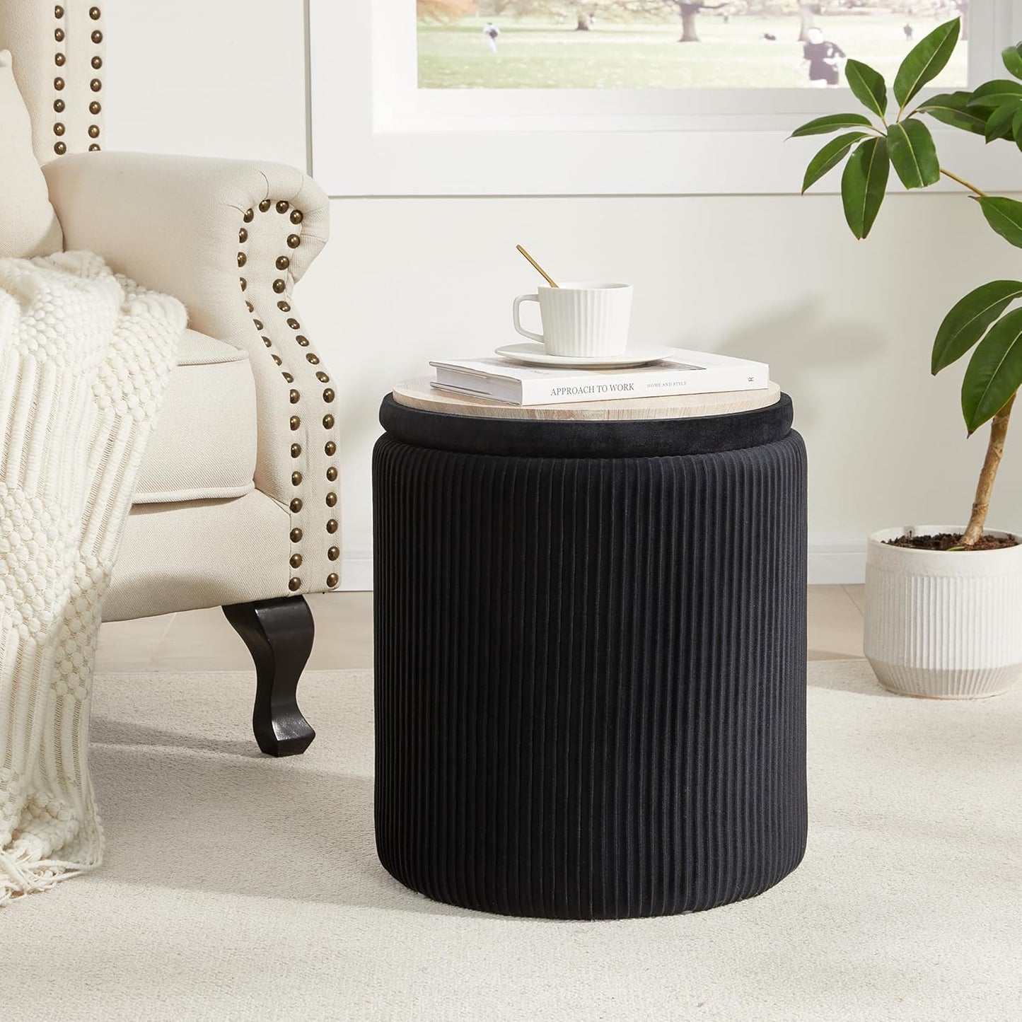 Royal Windsor Round Ottoman with Storage Set of 2,Vanity Stool with Storage for Bedroom, Ottoman Coffee Table,Small Velvet Foot Stool for Living Room, Black