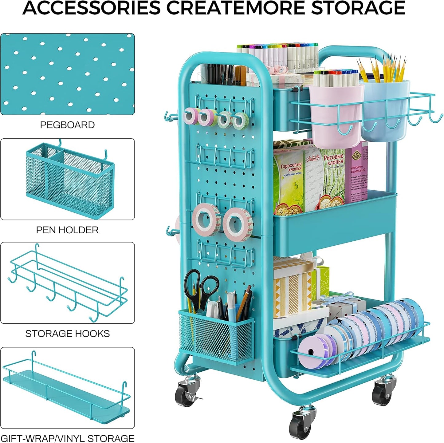 DESIGNA 3-Tier Utility Storage Rolling Cart with Removable Pegboard & Extra Storage Baskets Hooks, Metal Craft Art Carts for Gift Home Office, Teal
