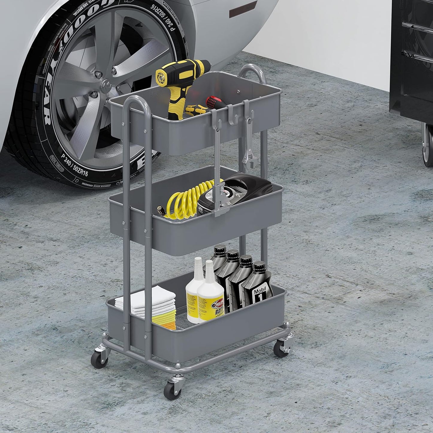 Simple Houseware 3-Tier Heavy Duty Metal Utility Rolling Cart, Silver
