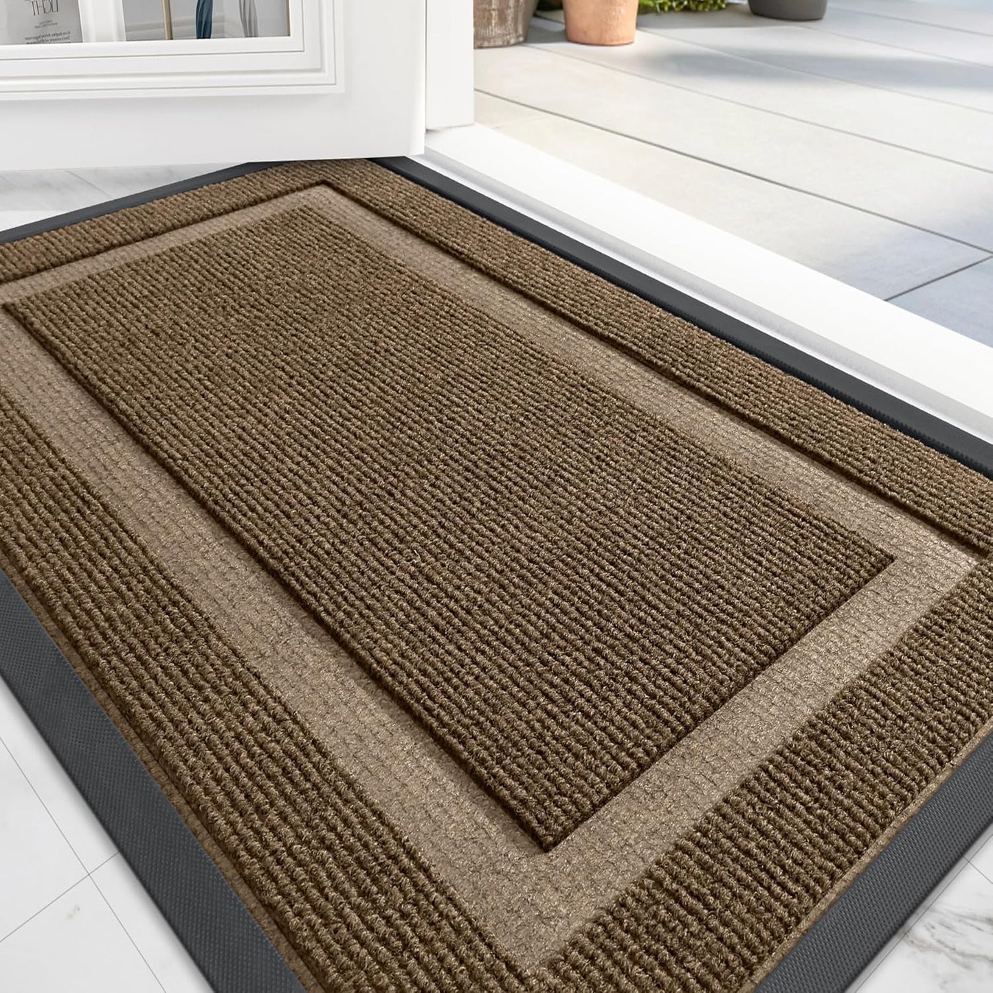 OLANLY Front Door Mat Indoor Outdoor Entrance, Waterproof All-Season, All-Weather Doormat, Sturdy Natural Rubber, Fade Resistant, Low Profile, Easy Clean Patio Porch Entryway Mat, 59x40, Brown