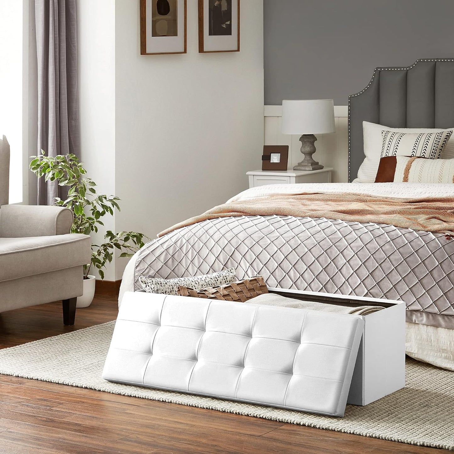 SONGMICS MAZIE Collection - 43 Inches Storage Ottoman Bench with Flipping Lid, Storage Chest with Iron Frame Support, Load 660 lb, for Living Room, Bedroom, Synthetic Leather, White ULSF75WT