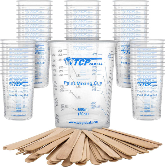 TCP Global 20 oz. (600ml) Graduated Plastic Mixing Cups - Box of 50 with 50 Mixing Sticks - Disposable Plastic Measuring Cups for Liquids, Paints, Resin, Epoxy, Art, Kitchen - Ratios 2-1, 3-1, 4-1 ML