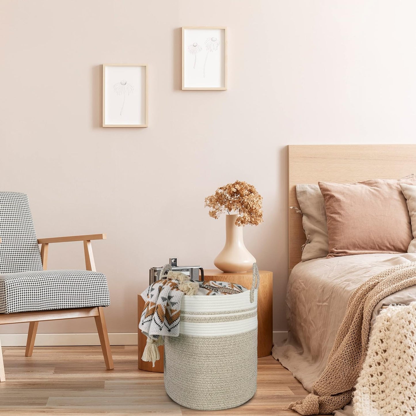 Cotton Rope Laundry Basket Hamper for Clothes Woven Storage Basket for Living Room Bedroom Boho Tall Rope Baskets for Blanket Toys Pillow Towels Baby Nursery Hamper Bin Large brown and white