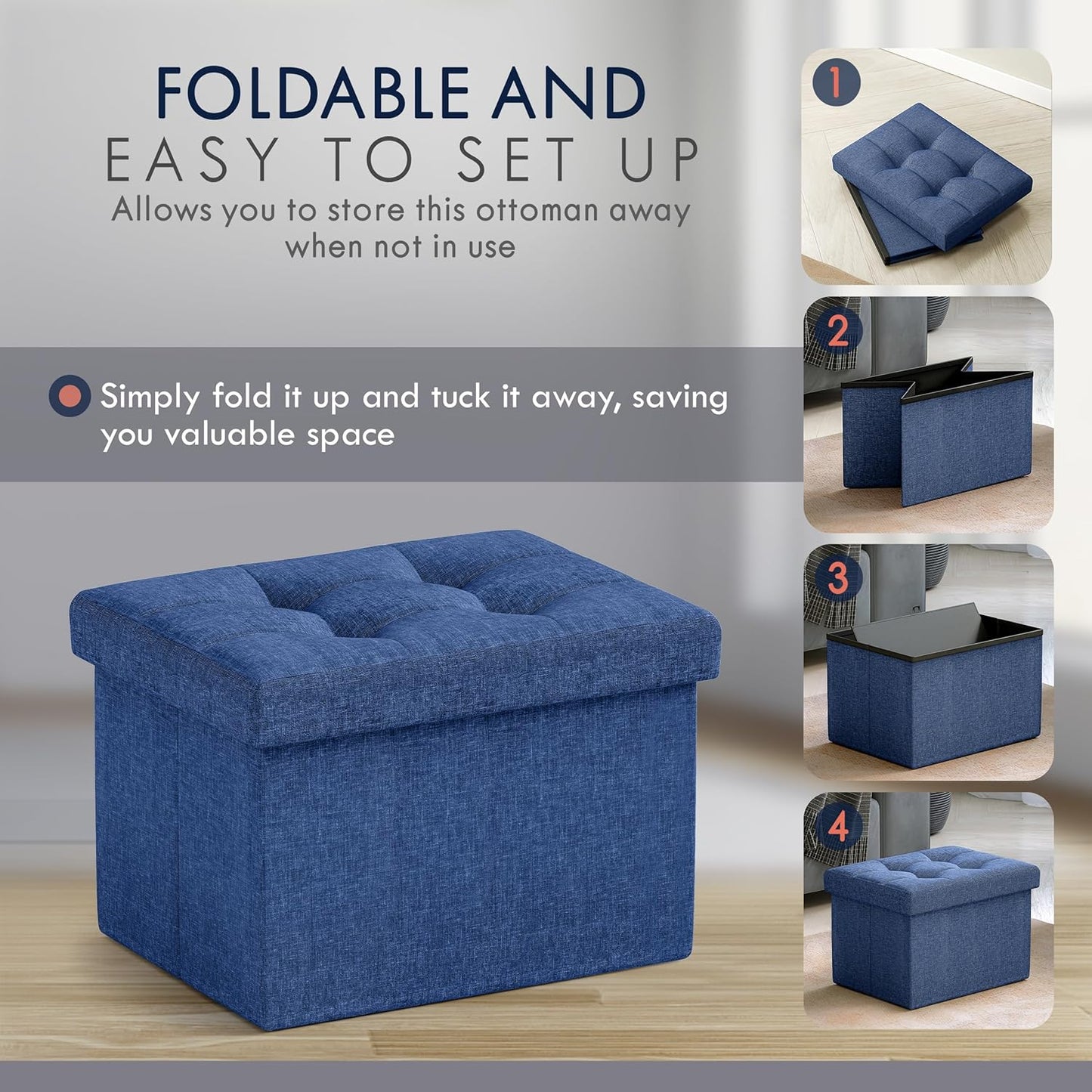 Ornavo Home Small Storage Ottoman Foldable Collapsible Rectangle Linen Ottoman Foot Rest Stool Seat, for Living Room, Bedroom, Home Office, Dorm - 12 x 16 x 12, Navy Blue