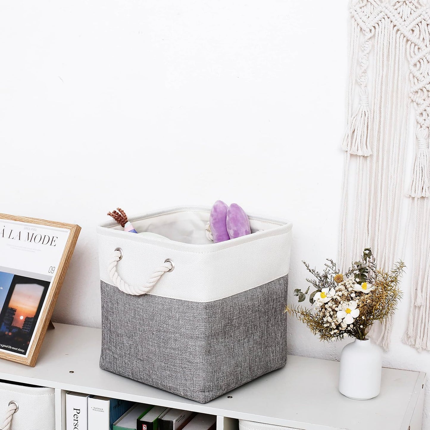 11 x 11 Inch Storage Cubes, 6 Pack Large Collapsible Fabric Storage Bin with Ropes, Foldable Storage Cubes for Home, Office,Closet, Clothes, Toys Organizer (White&Gray)