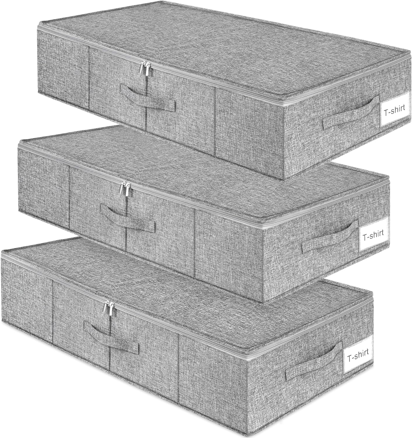 punemi Under Bed Storage, 3 Pack Underbed Storage Container Bags With Lid, Foldable Sturdy Clothes Storage Drawer Organizer W/ 3 Handles, Ultra Thick Fabric Blanket Shoe Storage Box, Grey