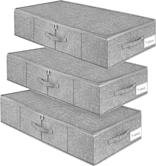 punemi Under Bed Storage, 3 Pack Underbed Storage Container Bags With Lid, Foldable Sturdy Clothes Storage Drawer Organizer W/ 3 Handles, Ultra Thick Fabric Blanket Shoe Storage Box, Grey