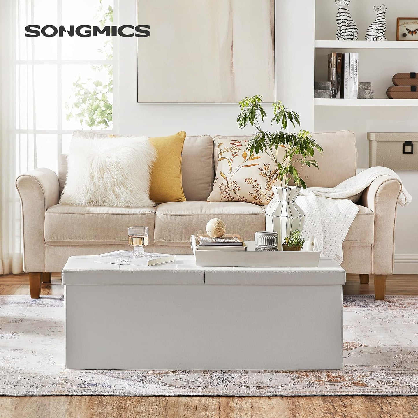 SONGMICS MAZIE Collection - 43 Inches Storage Ottoman Bench with Flipping Lid, Storage Chest with Iron Frame Support, Load 660 lb, for Living Room, Bedroom, Synthetic Leather, White ULSF75WT