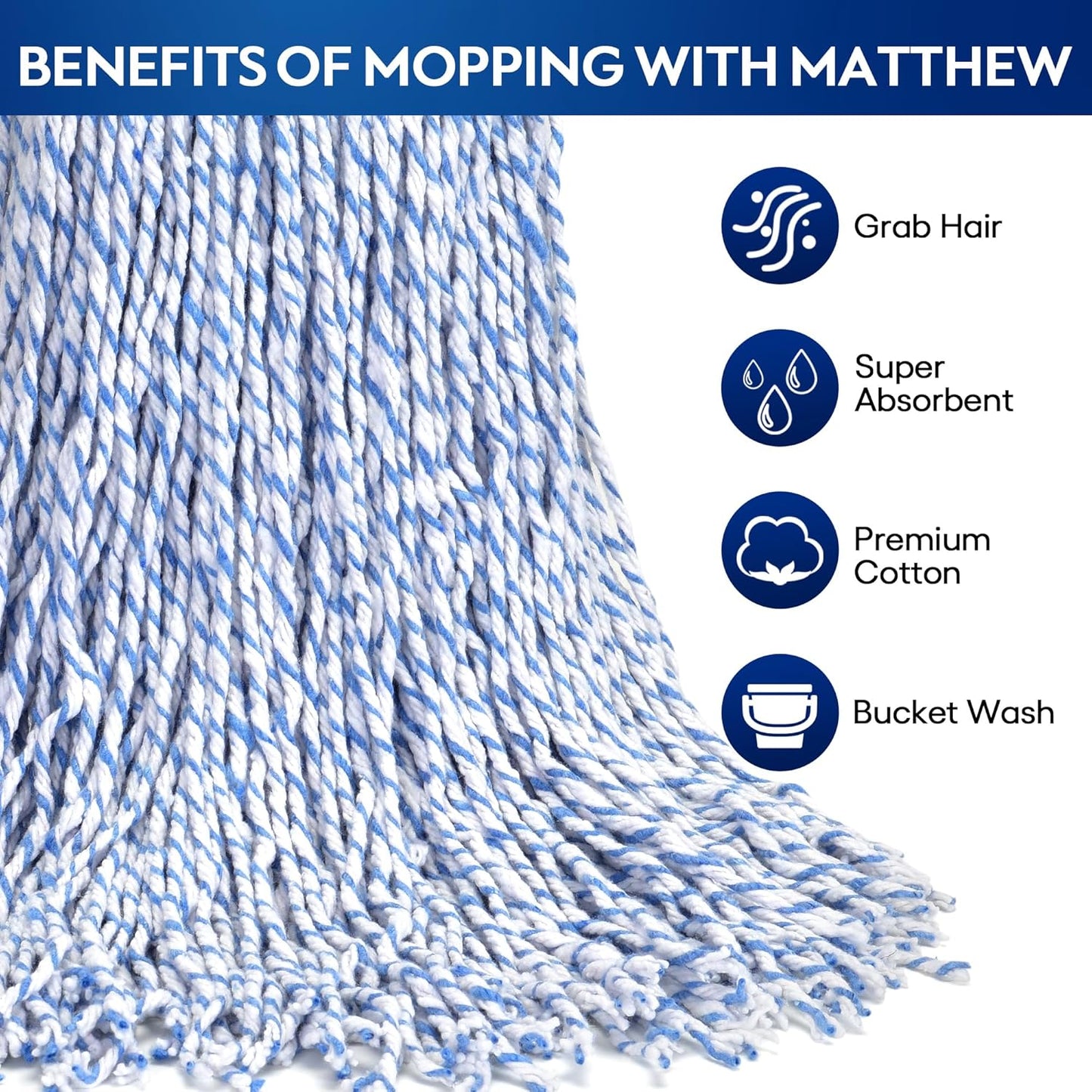 MATTHEW CLEANING Looped-Open Cotton Wet Mop 1.25'' Universal Headband Heavy Duty Commercial Mop Head Replacement for indoor and outdoor Use,Grease Stain Floor Cleaning String Mop Head Refill Pack of 6