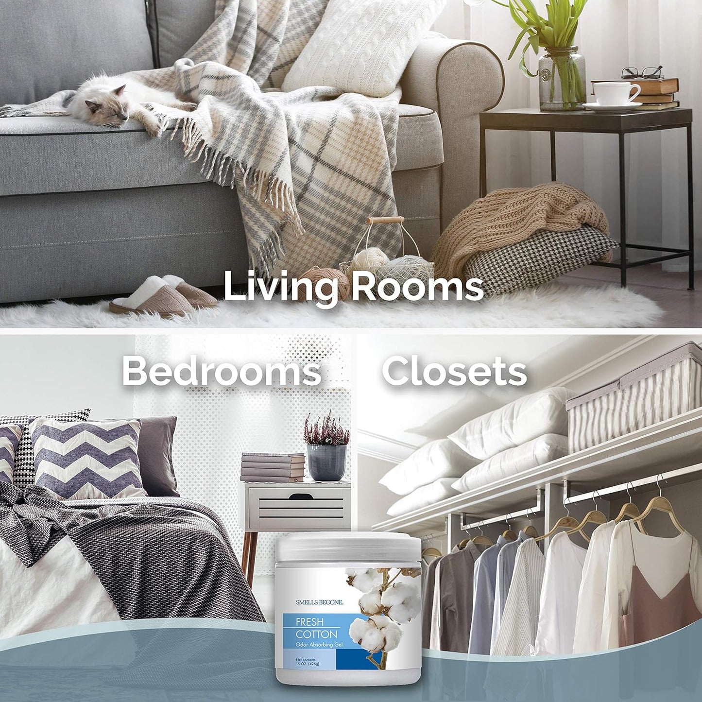 SMELLS BEGONE 15 oz Air Freshener Odor Absorber Gel - Absorbs Odor from Bathrooms, Cars, Pet Areas, Boats and RVs - Made with Essential Oils - Fresh Cotton Scent