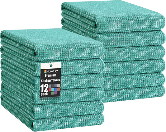 Homaxy Premium Kitchen Towels(18”x 28”, 12 Pack), Large Cotton Kitchen Hand Towels, Flat and Terry Dish Towels, 380 GSM Highly Absorbent Tea Towel Set with Hanging Loop, Teal