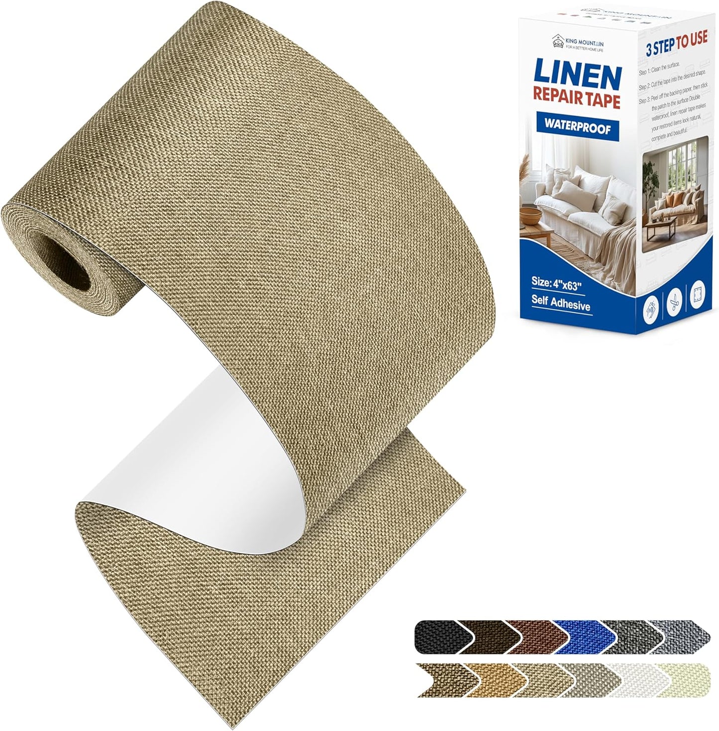 KING MOUNTAIN Linen Repair Patches, Self-Adhesive Fabric Patches, 4 X 63 inch Extra Size, Multi Color, Can be Used for Sofa Repair and Linen Clothes Repair (Flaxen)