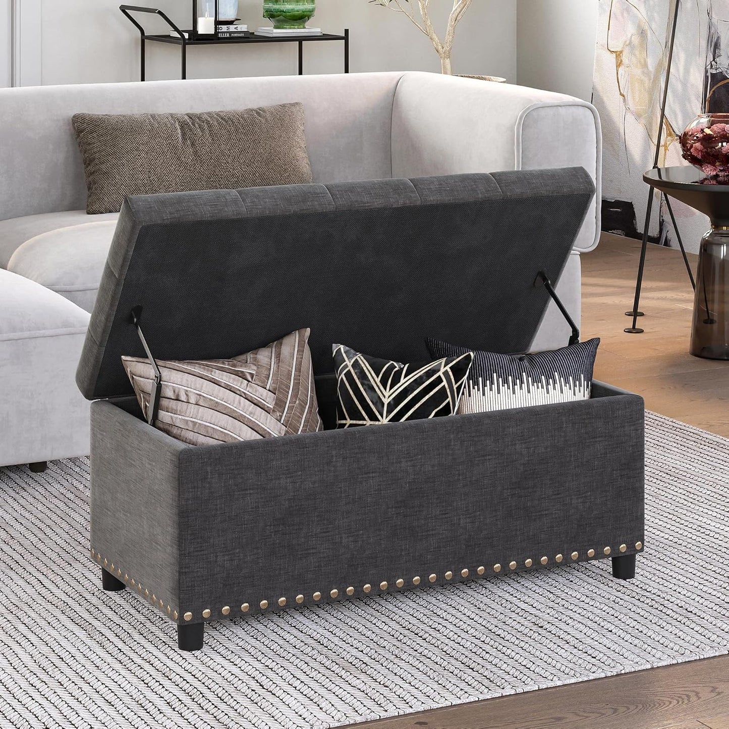 BELLEZE 35" Tufted Ottoman, Storage Bench with Safety Close Hinge, Ottoman with Storage for Living Room, Entryway, Hallway, Foot Rest, Support 300lbs - Dark Grey