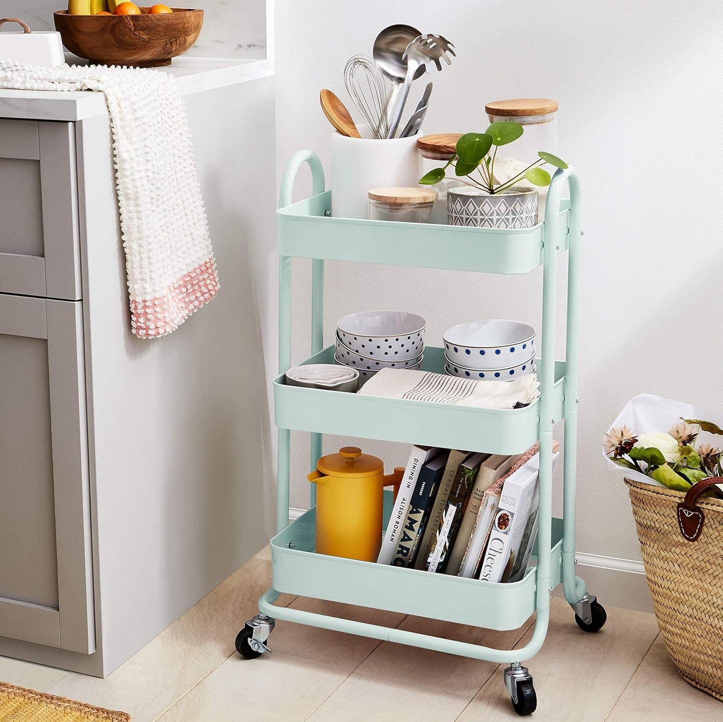 Amazon Basics 3-Tier Metal Rolling Utility or Kitchen Cart - Mint Green