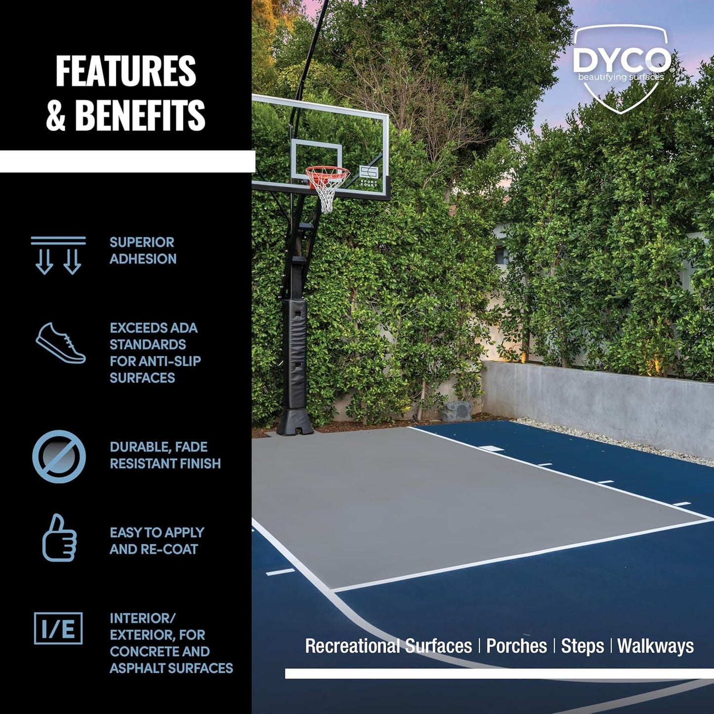 DYCO Court & Floor Anti-Slip Coating - Slip Resistant Pavement, Cement & Concrete Paint for Pickleball, Tennis & Basketball Courts, Exceeds ADA Standards for Safety Areas (Moss Green, 5 Gallons)