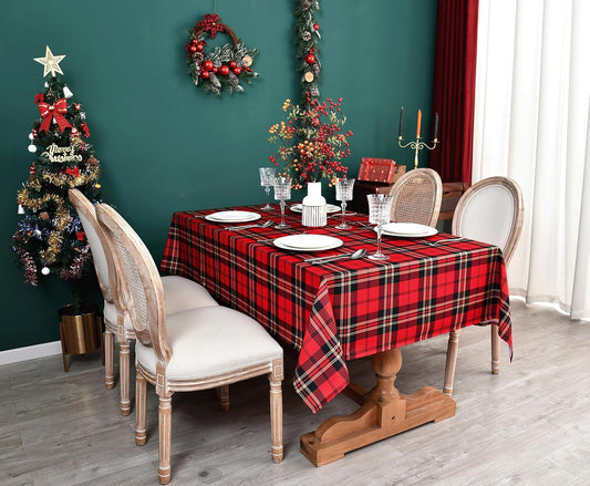 Tartan Waterproof Christmas Plaid Tablecloth Fabric - Red Oblong 52x70 Inch Classic Buffalo Tartan Festive Table Cloth for Indoor Use - New Year Tabletop Cover for Dinner, BBQs, and Parties
