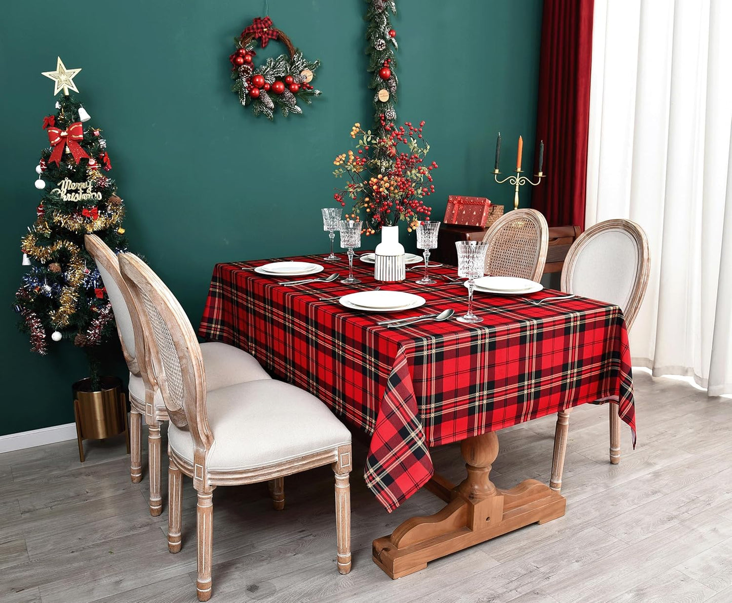 Classic Gingham Buffalo Xmas Tablecloth Fabric - Oblong 58x144 Inch Water Proof Checkered Table Cloth for Indoor Outdoor - Red Christmas Plaid Table Cover for Christmas, Holiday, New Year
